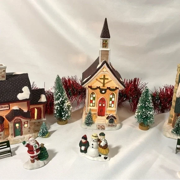 Vintage Christmas Lighted church store and house town set holiday decor - Picture 6 of 11